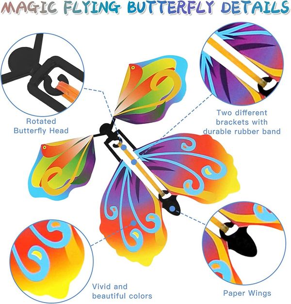 5 PCS Magic Flying Butterfly Toys - Wind-Up Rubber Band Powered Fairies for Greeting Card Surprise Gifts