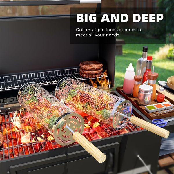 Stainless Steel Grill Baskets (2-Pack) for Outdoor Grills: Roll and Flip Easily with Handle