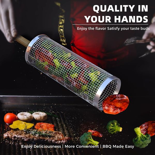 Stainless Steel Grill Baskets (2-Pack) for Outdoor Grills: Roll and Flip Easily with Handle