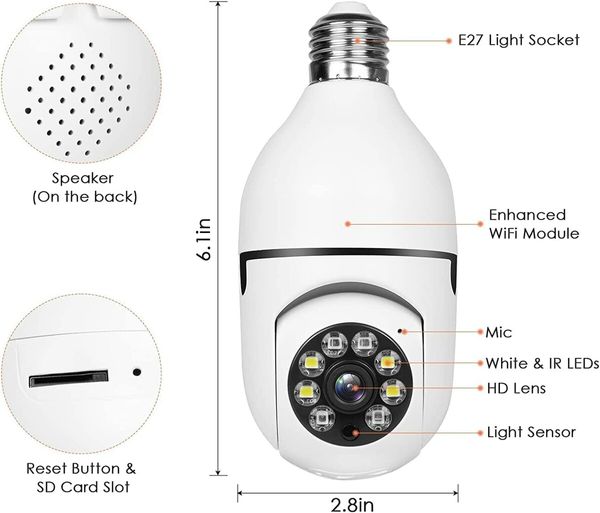 1080P Light Bulb Security Camera, 2.4GHz & 5G WiFi, Indoor/Outdoor, 360° View, Full Color Night Vision, Smart Motion Detection