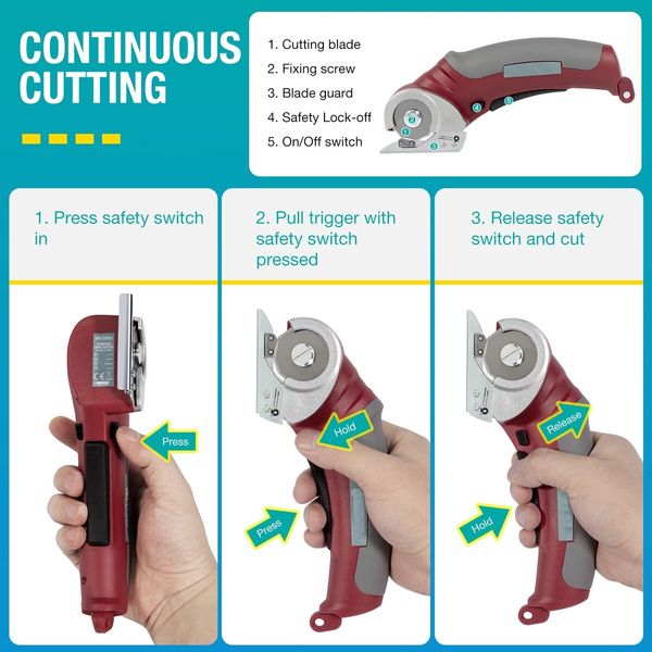 Effortless Cutting Cordless Electric Scissors for Fabric, Cardboard, and More with Safety Lock and Storage Box (Red)