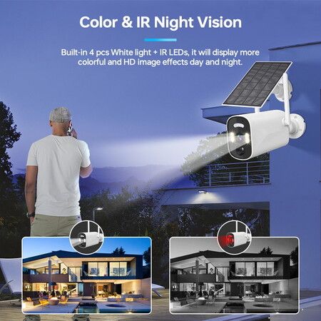 High-resolution clear 4MP Solar-Powered Wireless Security Surveillance Camera with 2.4G WiFi,Solar Panel,Smart Human And Motion Detection,Night Vision,Battery Powered