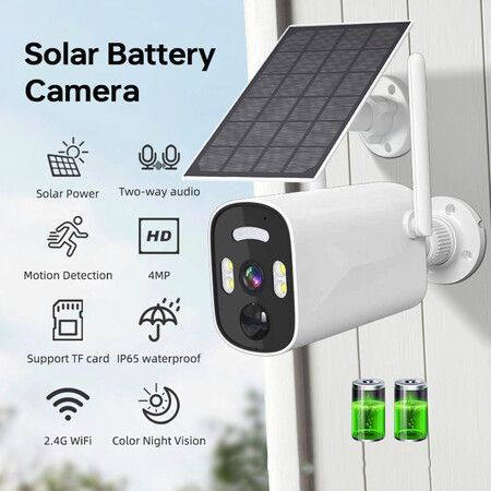 High-resolution clear 4MP Solar-Powered Wireless Security Surveillance Camera with 2.4G WiFi,Solar Panel,Smart Human And Motion Detection,Night Vision,Battery Powered