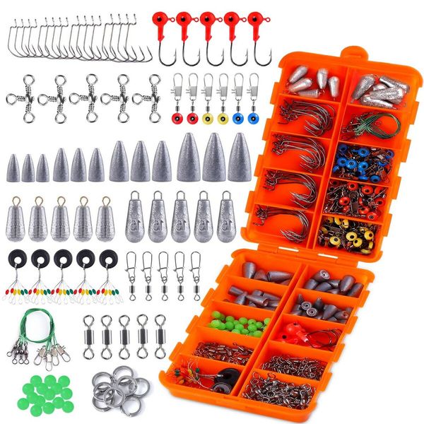 230-Piece Complete Fishing Accessories Kit Including Jig Hook,Bullet Bass Casting Sinker Weight,Fishing Swivels Snap,Sinker Slide,Fishing Set with Tackle Box