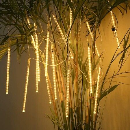 Festive Icicle Raindrop Christmas Lights,Solar Powered Shower Rain Lights for Xmas Tree and Holiday Decorations (30cm, 8 Tubes, Warm White)