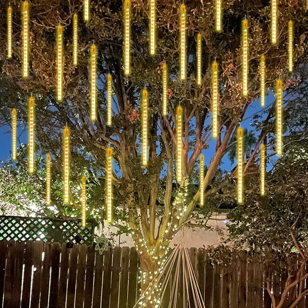 Festive Icicle Raindrop Christmas Lights,Solar Powered Shower Rain Lights for Xmas Tree and Holiday Decorations (30cm, 8 Tubes, Warm White)