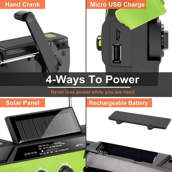 Emergency Weather Radio: Portable AM/FM Radio with 4000mAh Battery, Solar and Hand Crank Power Options