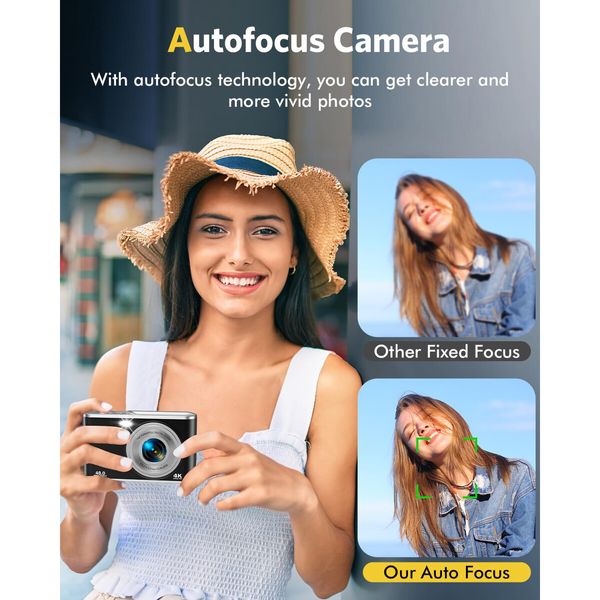 4K Auto Focus Digital Camera: 48MP Dual Camera with 16X Zoom, 32GB Card for Vlogging, Kids, and Beginners (Black)