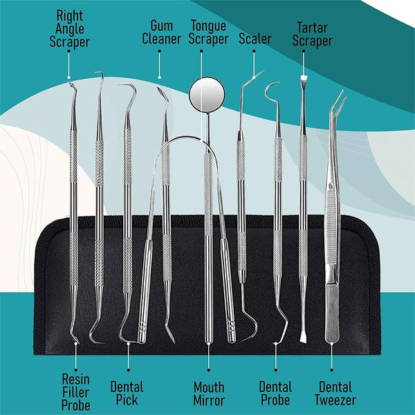 Stainless Steel Complete set of 10 essential dental tools for thorough plaque removal and oral hygiene Achieve a Brighter Smile