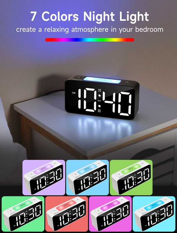 Extra-Loud Alarm Clock with 7-color Night Light,Adjustable Volume & brightness Perfect for heavy sleepers,kids,teens(Black+RGB)