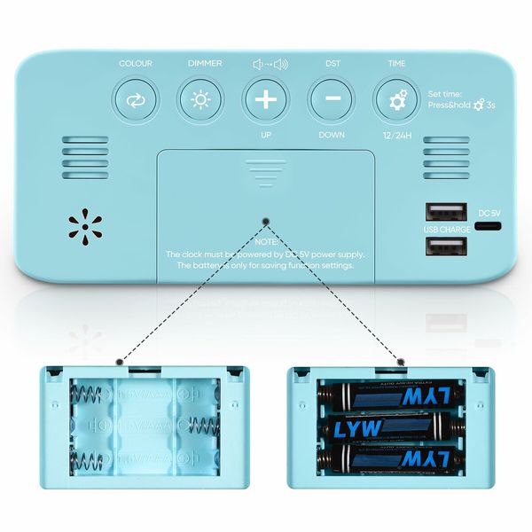 Ultra-Loud Alarm Clock with NightLight - Perfect for Heavy Sleepers and Kids (Adjustable Volume, Dimmer, Blue+RGB)