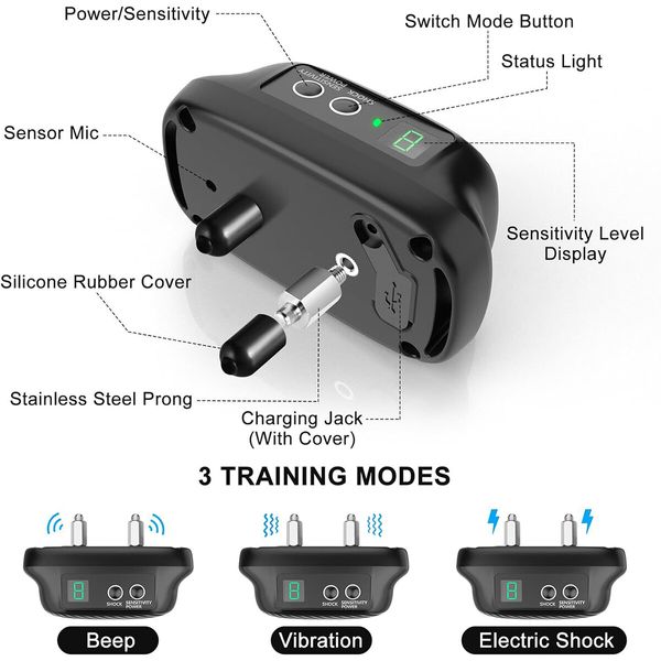 Automatic Anti Bark Dog Collar with 8 Adjustable Sensitivity Levels, Smart Rechargeable Large Medium Small Dogs