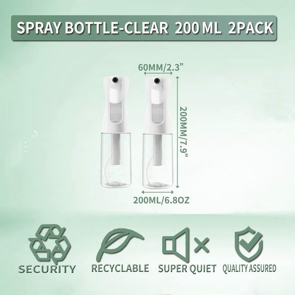 Effortless Misting Ultra Fine Continuous Spray Bottles for Hair, Cleaning, Plants, Misting & Skin Care (2-Pack, 200ml)