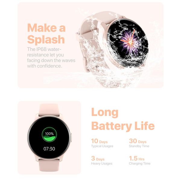 Unisex Smart Watch, Make and Answer Calls, Quick Text Reply, AI Voice Control - Compatible with Android and iPhone (Pink)