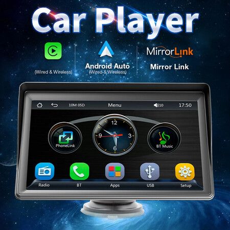 7" Touch Screen Car Multimedia Player with Wireless CarPlay, Android Auto, FM Radio, Bluetooth, and MirrorLink