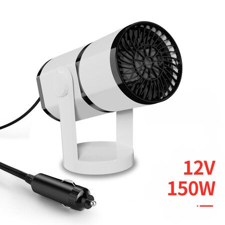 Portable Car Heater: 12V Window Defroster and Demister with 2-in-1 Hot and Cold Fan, Ceramic Heating, and Cigarette Lighter Plug (White)