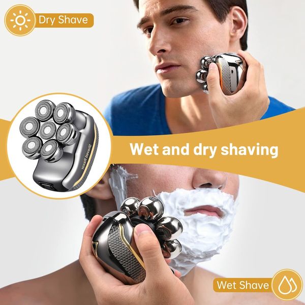 6-in-1 Versatile Men Grooming tool Electric Head Shavers with Advanced 7D floating rotary heads,Wet/dry technology for head/beard/body grooming,Rechargeable and cordless