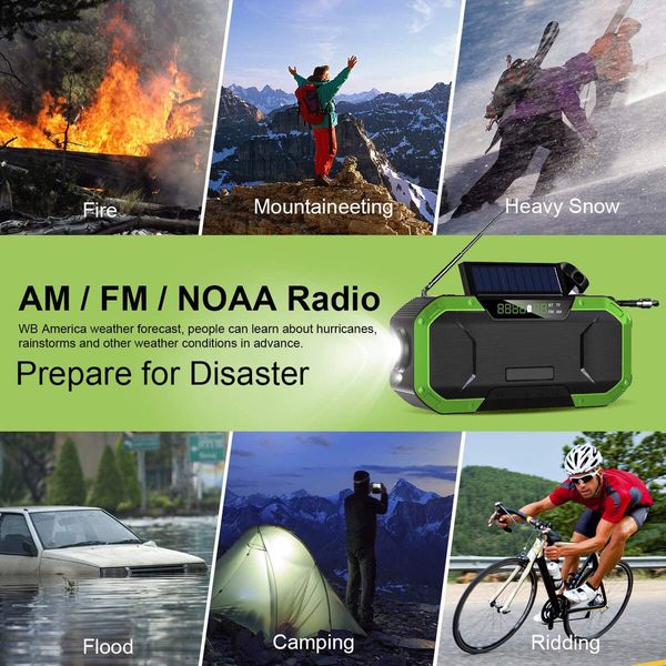 Solar-Powered Hand Crank Emergency Radio,AM/FM/NOAA Weather Radio with Weather Alerts, Bluetooth, LED Flashlight,for Cell Phone Charge