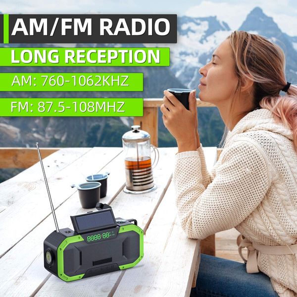 Solar-Powered Hand Crank Emergency Radio,AM/FM/NOAA Weather Radio with Weather Alerts, Bluetooth, LED Flashlight,for Cell Phone Charge