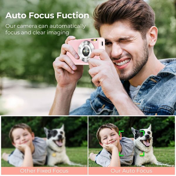 2.7K Vlogging Digital Camera with Auto Focus: HD 48MP, 16X Zoom, 32GB Card, Perfect for YouTube, Kids, Teens, and Beginners (Pink)