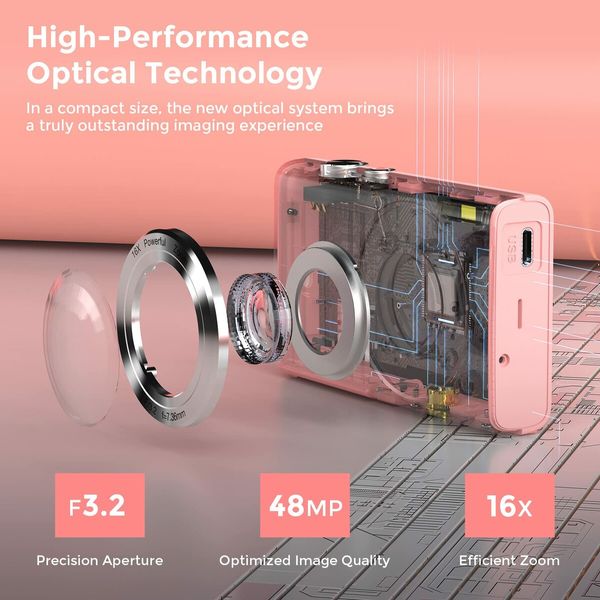 2.7K Vlogging Digital Camera with Auto Focus: HD 48MP, 16X Zoom, 32GB Card, Perfect for YouTube, Kids, Teens, and Beginners (Pink)