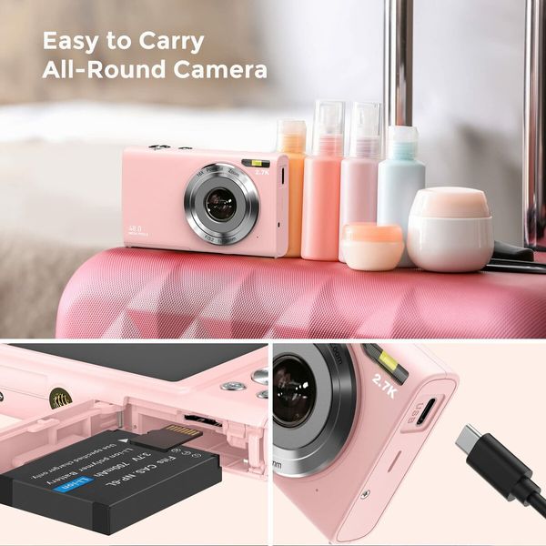 2.7K Vlogging Digital Camera with Auto Focus: HD 48MP, 16X Zoom, 32GB Card, Perfect for YouTube, Kids, Teens, and Beginners (Pink)