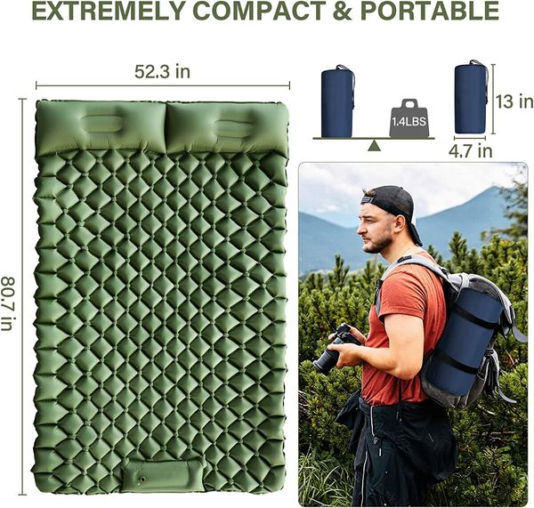 Double Camping Inflatable Sleeping Pad with Built-In Pillow-Ultralight and Convenient for Camping, Hiking, and Backpacking Adventures