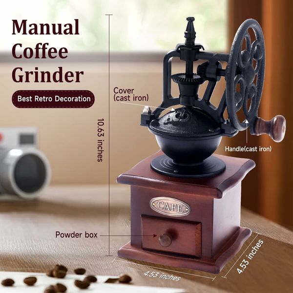 Vintage Charm Hand Manual Coffee Grinder with Wooden Finish, Roller Mill, and Classic French Press for Freshly Brewed Coffee