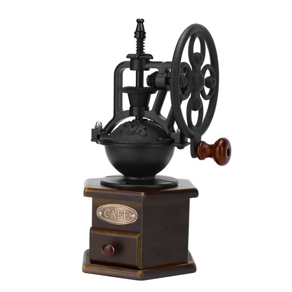 Antique Wooden Coffee Mill with Cast Iron Hand Crank - Manual Grinder for Mesh Coffee & Decorative Gift