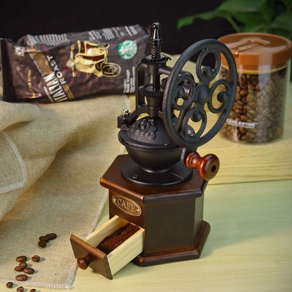 Antique Wooden Coffee Mill with Cast Iron Hand Crank - Manual Grinder for Mesh Coffee & Decorative Gift