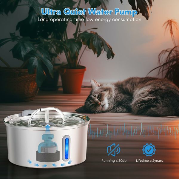 Automatic Pet Water Fountain with Night Illuminating LED Light,Large 108oz/3.2L capacity,Circulating filtration system for clean & Fresh Water