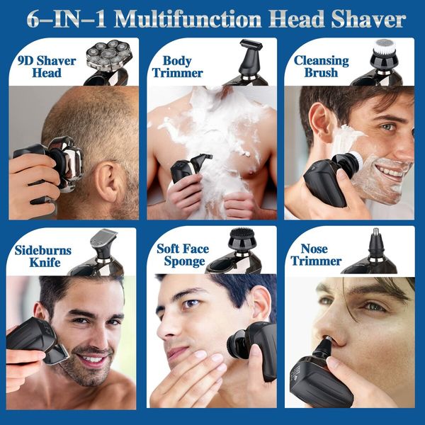 9D Electric Wet/Dry Head Shaver Razor for Bald Men: Cordless Rechargeable Upgraded 6-in-1 Grooming Kit