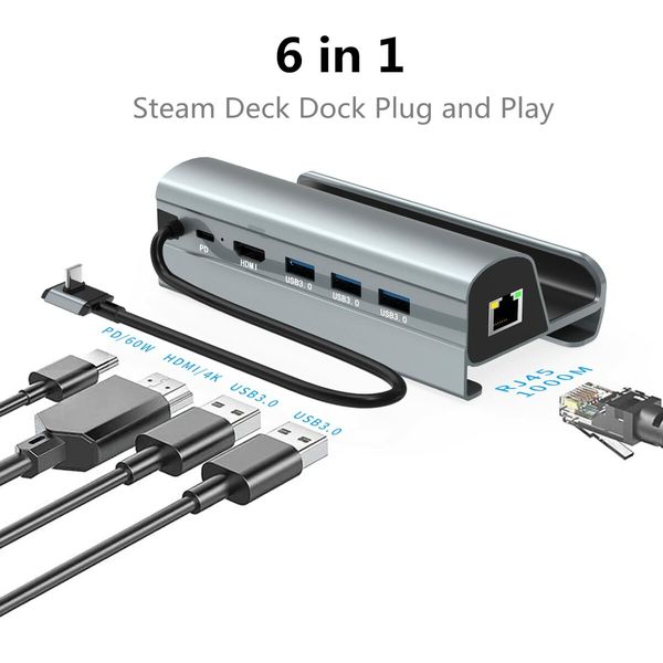 6-in-1 Steam Deck Docking Station: Enhance Your Gaming with 4K HDMI, Gigabit Ethernet, 3 USB 3.0 Port and USB-C PD Port