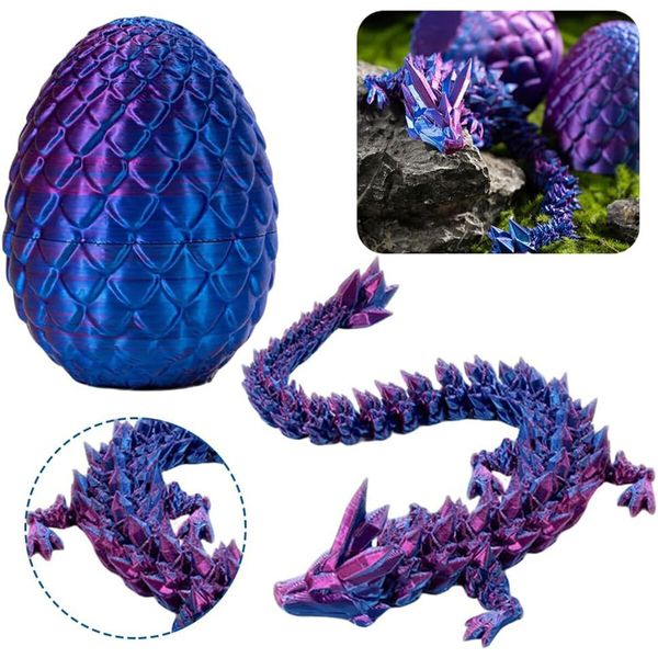 3D Printed Crystal Dragon in Egg with Flexible Joints, Full Articulated Dragon Desk Toy, Home and Office Decor-Laser Purple