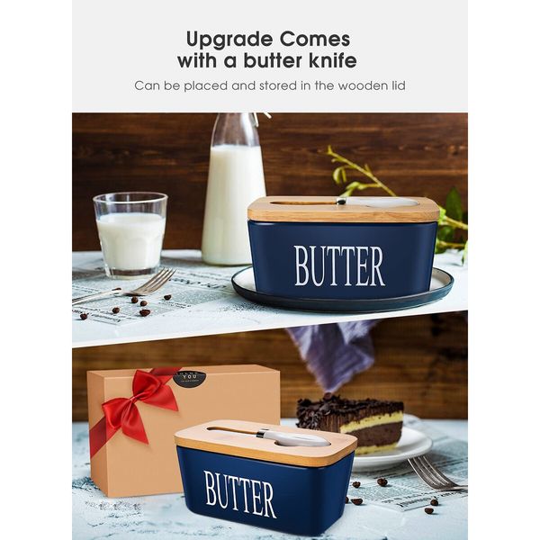 Premium Butter Dish with Lid: Large Ceramic Butter Keeper with Silicone Seal, Perfect for Kitchen Countertop and Gifting (Blue)