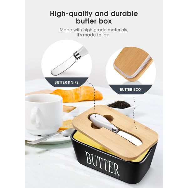 Large Ceramic Butter Dish with Lid and Silicone Seal - Perfect for Kitchen Countertop, Black