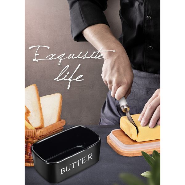 Large Ceramic Butter Dish with Lid and Silicone Seal - Perfect for Kitchen Countertop, Black