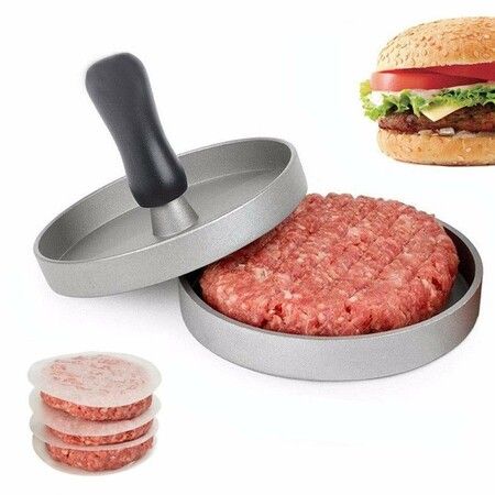 Non-Stick Burger Press with 100 Wax Paper Discs - Aluminum Burger Patty Former for Quarter Pounders, Ideal for BBQ