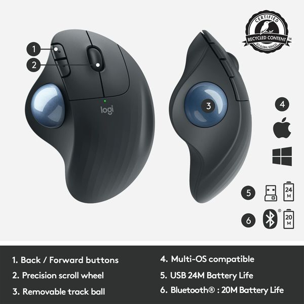 Ergonomic Wireless Trackball Mouse with thumb-operated trackball,Bluetooth/USB connectivity,Compatable with Windows/PC/Mac(Black)