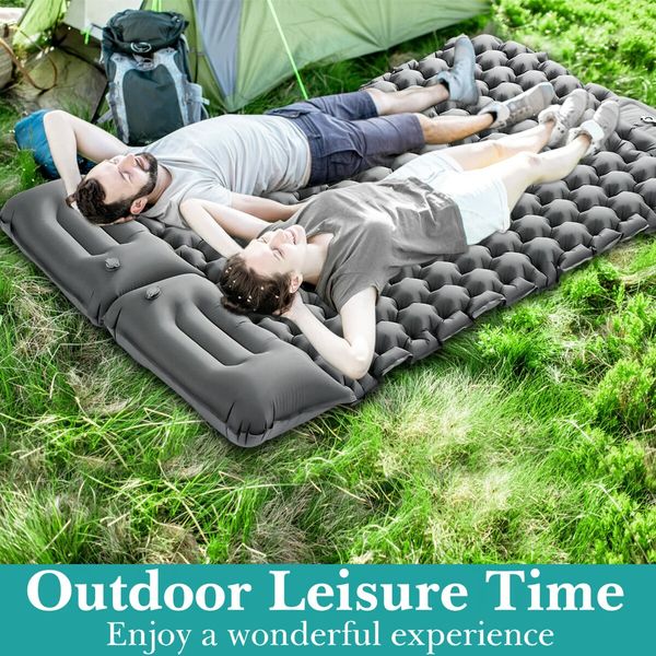 Double Sleeping Pad: Inflatable, Self-Inflating, and Ultra-Thick with Built-in Pillow and Foot Pump (Grey)