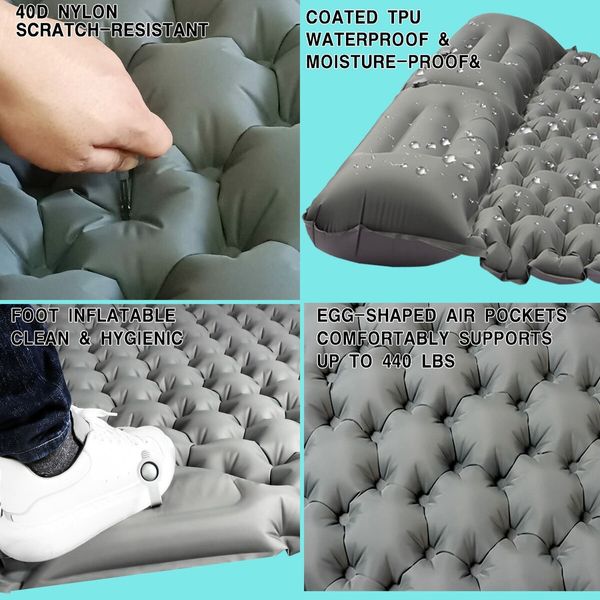 Double Sleeping Pad: Inflatable, Self-Inflating, and Ultra-Thick with Built-in Pillow and Foot Pump (Grey)