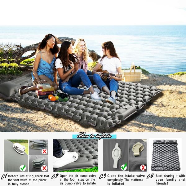 Double Sleeping Pad: Inflatable, Self-Inflating, and Ultra-Thick with Built-in Pillow and Foot Pump (Grey)