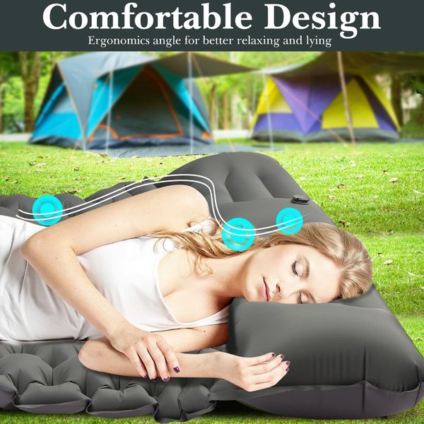 Double Sleeping Pad: Inflatable, Self-Inflating, and Ultra-Thick with Built-in Pillow and Foot Pump (Grey)