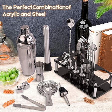 23-Piece Cocktail Shaker Set with Stainless Steel Tools, Acrylic Stand, and Mixing Guide