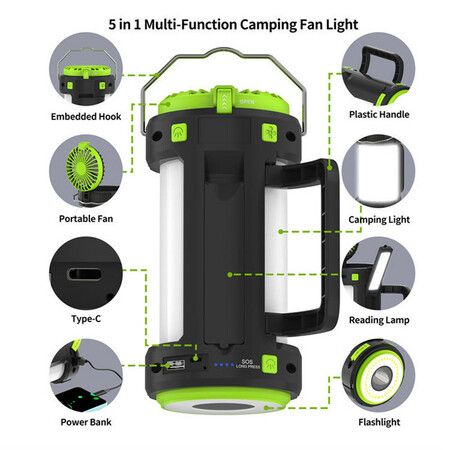 Waterproof Portable 5-in-1 Rechargeable LED Camping Lantern with Fans and Flashlights for Emergencies, Outdoor Activities, and Power Outages