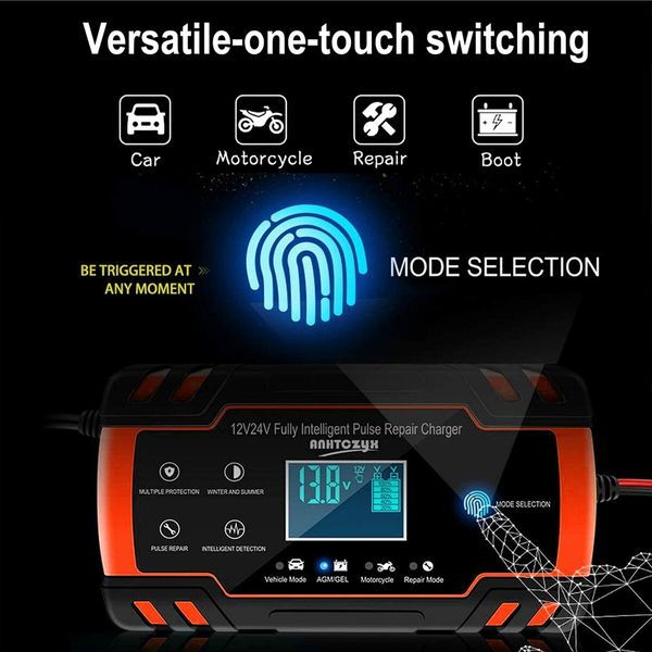 Fast Efficient 8-Amp Car Battery Charger and Maintainer with Temperature Compensation Trickle charging for long-term battery maintenance,LCD Display,support both 12V & 24V batteries