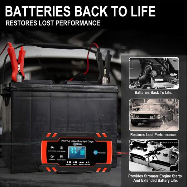 Fast Efficient 8-Amp Car Battery Charger and Maintainer with Temperature Compensation Trickle charging for long-term battery maintenance,LCD Display,support both 12V & 24V batteries