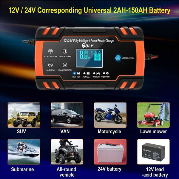 Fast Efficient 8-Amp Car Battery Charger and Maintainer with Temperature Compensation Trickle charging for long-term battery maintenance,LCD Display,support both 12V & 24V batteries