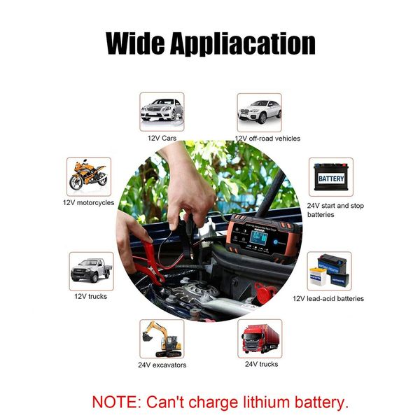 Fast Efficient 8-Amp Car Battery Charger and Maintainer with Temperature Compensation Trickle charging for long-term battery maintenance,LCD Display,support both 12V & 24V batteries