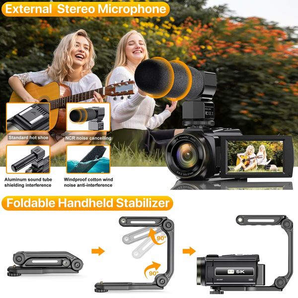 5K WiFi Vlogging Camera with Night Vision, 16X Digital Zoom, Touch Screen, Microphone, Stabilizer, Lens Hood, and 2 Batteries